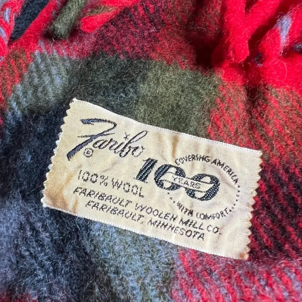 Faribo Vintage Wool Blanket‎ Red Plaid Tartan Fringe Made in USA